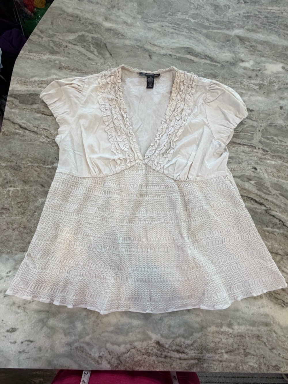INC International Concepts Ruffle Babydoll Blouse Cream Ivory Size 10